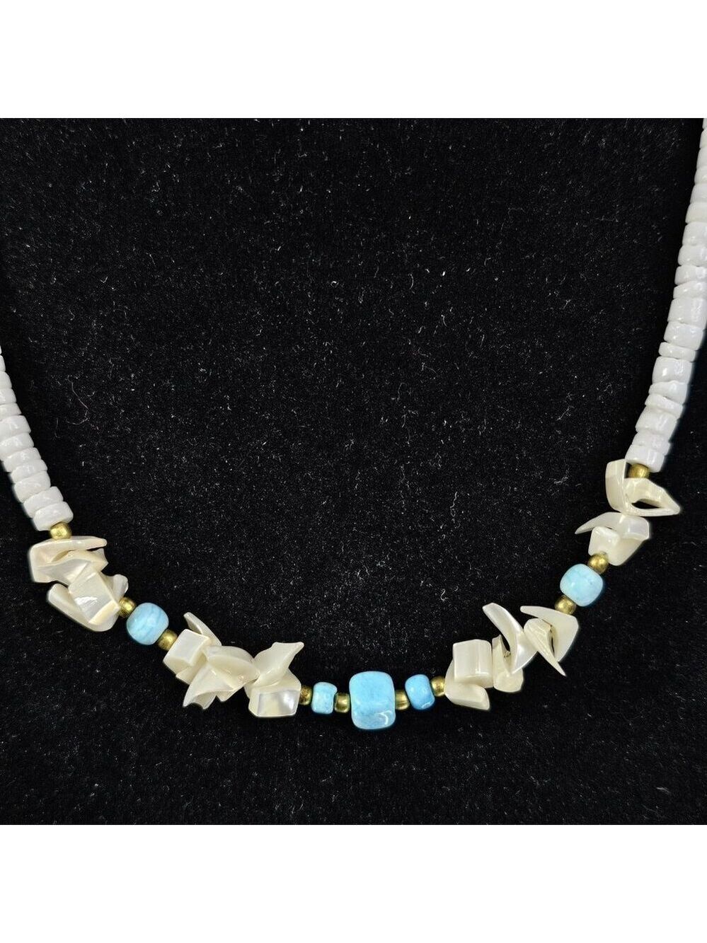 Vintage Puka Shell Necklace 16 Inches With Blue Stones